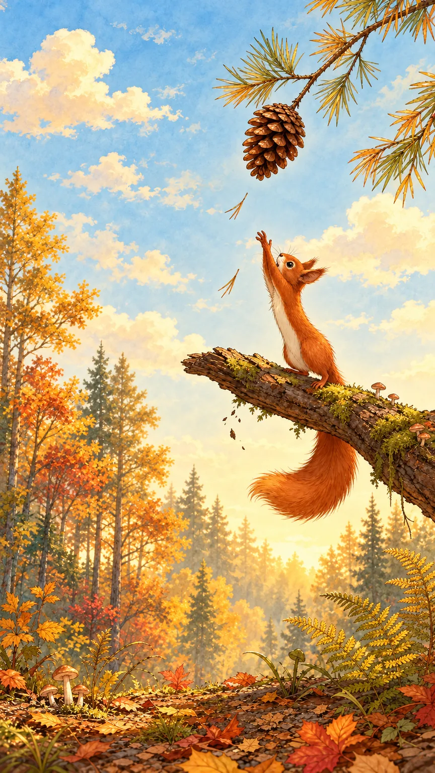Ein Eichhörnchen springt im sonnigen Herbstwald nach einem Tannenzapfen.