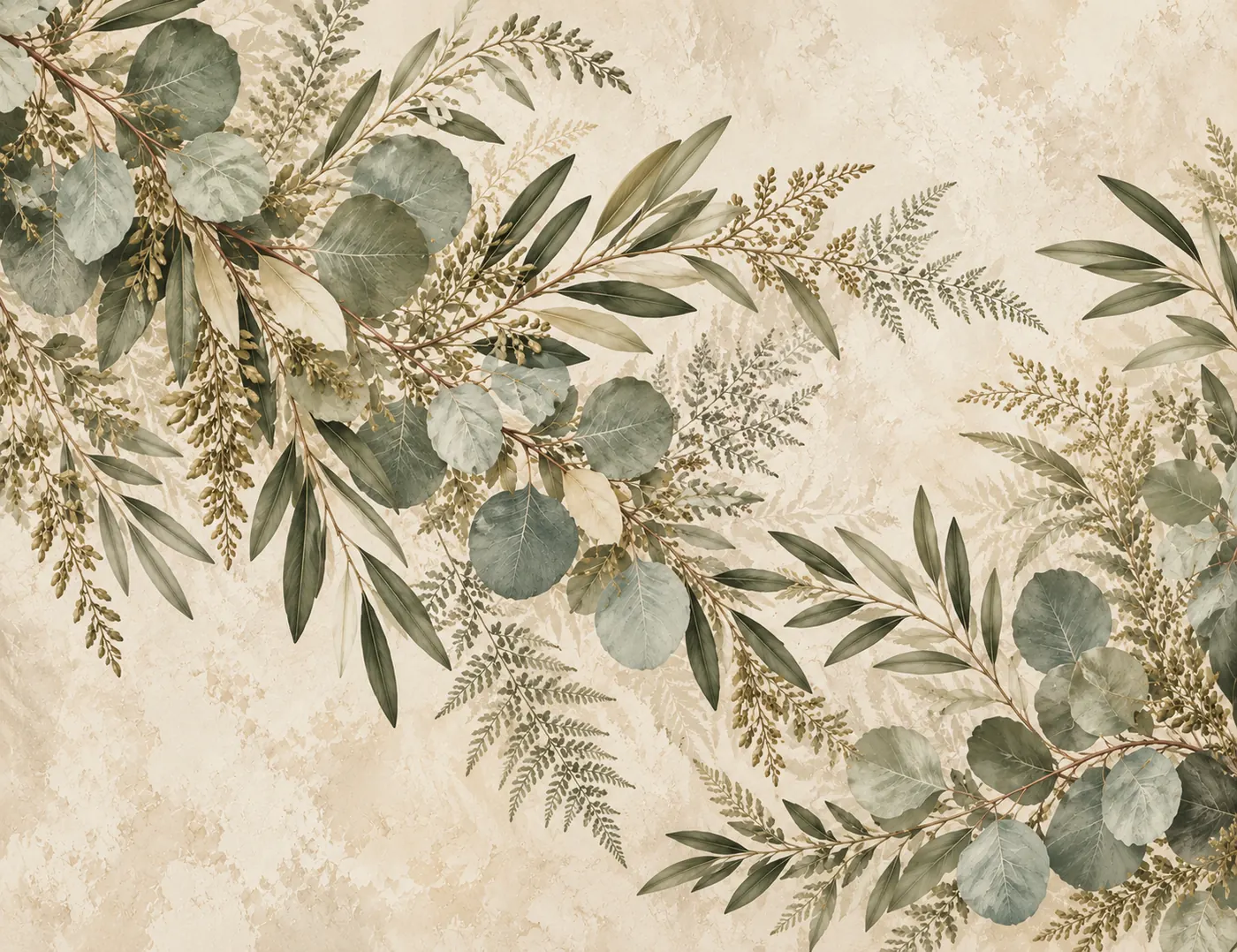 Zweige von Eukalyptus, Farn und Olive in sanftem Grün auf cremefarbenem Grund