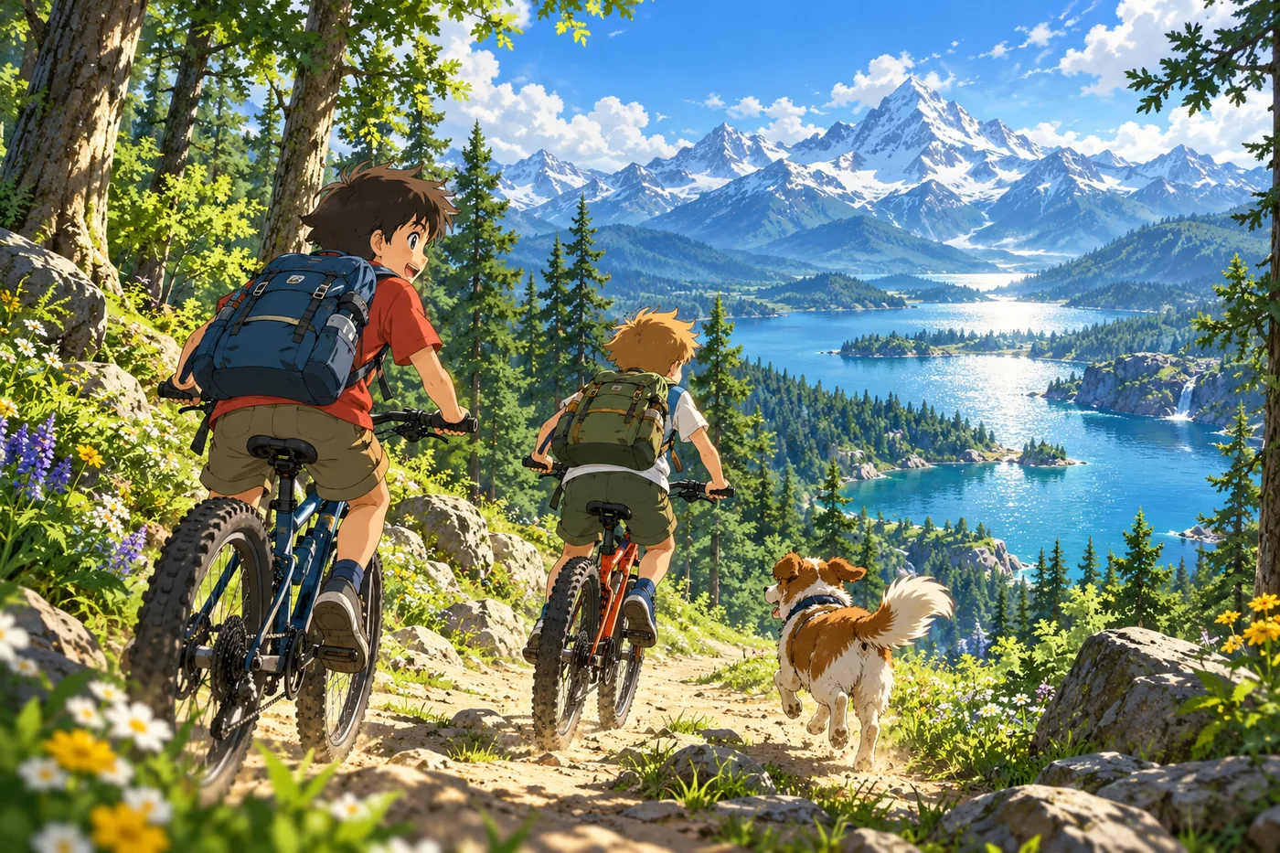 Kinder fahren mit Fahrrädern und Hund einen Waldweg hinab zu einem Bergsee mit Gipfeln