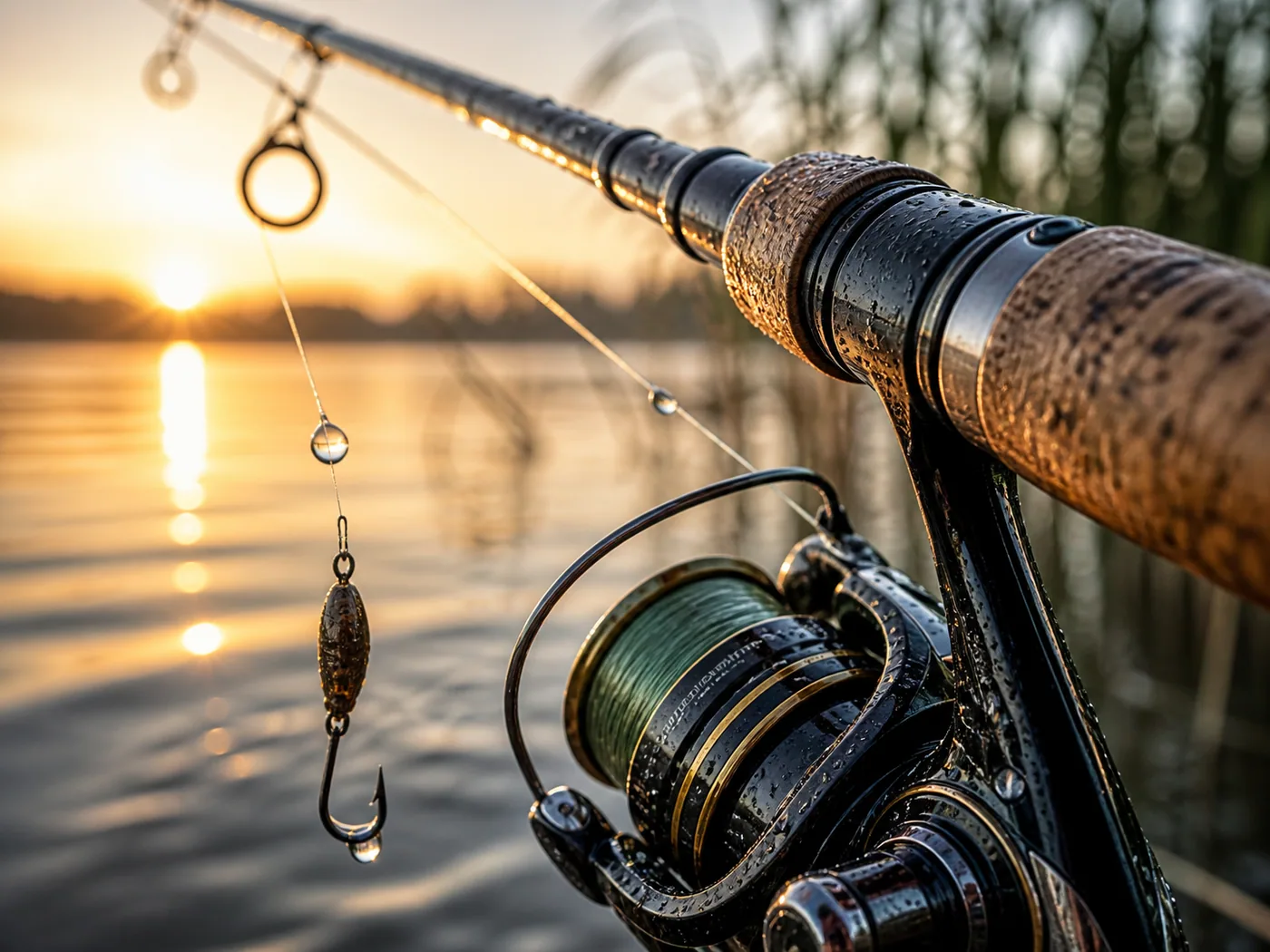 Fischerhaken hängen an einer Angelrute am Sonnenuntergang – Motiv für Sport & Dynamik als Fototapete