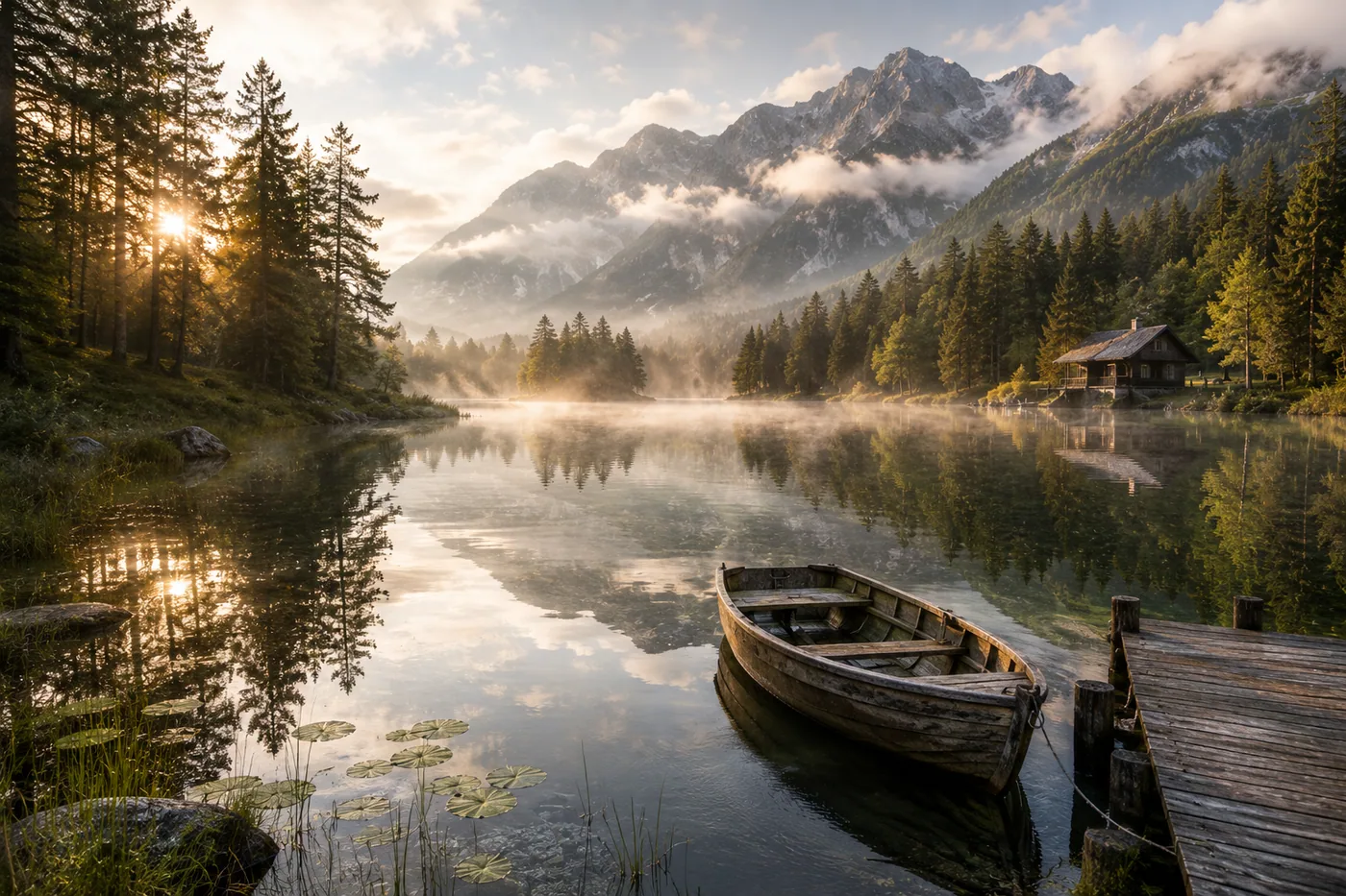 Fischerhütte am Nebelmeer bei Sonnenaufgang – Motiv für Natur & Botanik als Fototapete