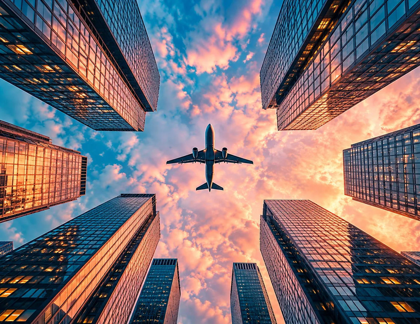 Ein Flugzeug fliegt zwischen hohen Wolkenkratzern vor einem Himmel im Sonnenuntergang, Blick nach oben.