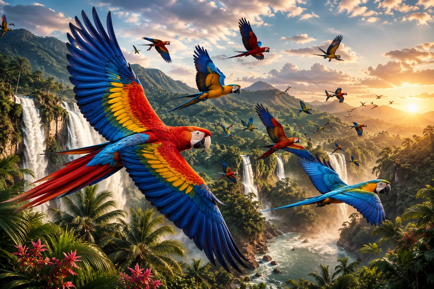 Bunte Macaw-Vögel fliegen über beeindruckende Wasserfälle in einem tropischen Paradies bei Sonnenuntergang – Motiv für Tiere & Wildlife als Fototapete