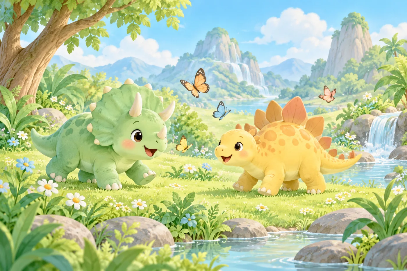Freundliche Anime-Dinosaurier mit Schmetterlingen an einem Bergsee mit Wasserfall
