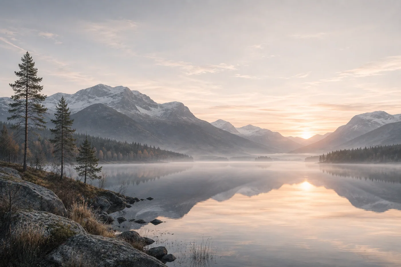 Frohes Bergsee im Morgenlicht mit ruhigem Wasser und schneebedeckten Bergen im Hintergrund – Motiv für Skandinavischer Stil als Fototapete