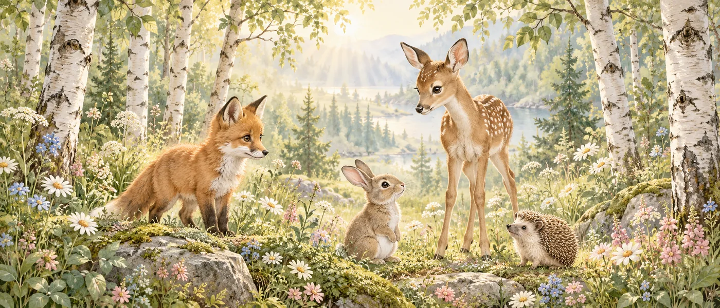 Fuchs, Rehkitz, Hase und Igel auf einer sonnigen Lichtung im Birkenwald