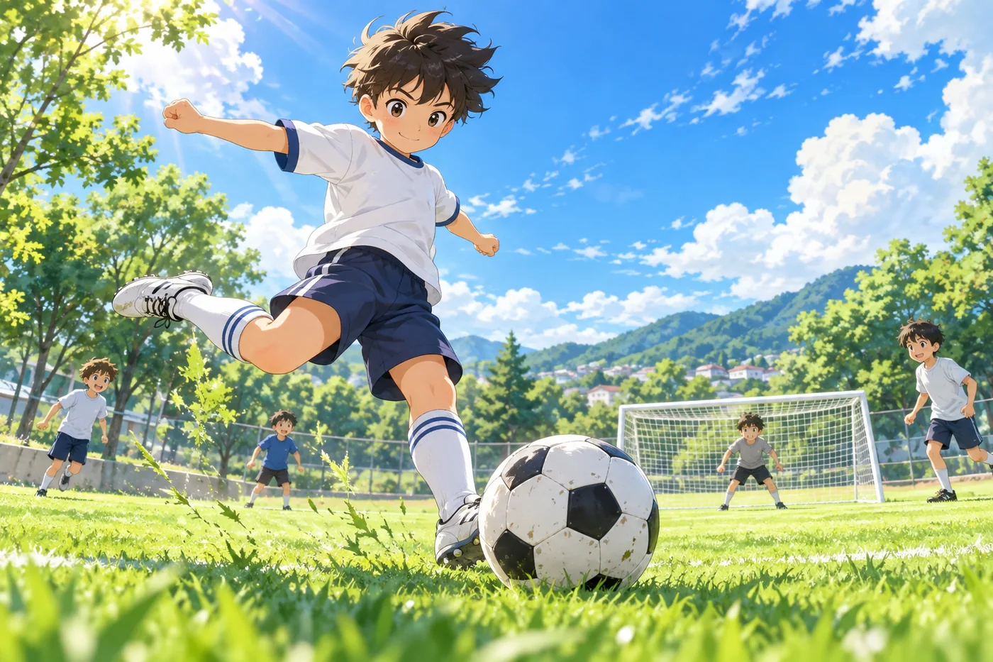 Junge schießt einen Fußball auf einer grünen Wiese, Freunde spielen vor einem Tor unter blauem Himmel