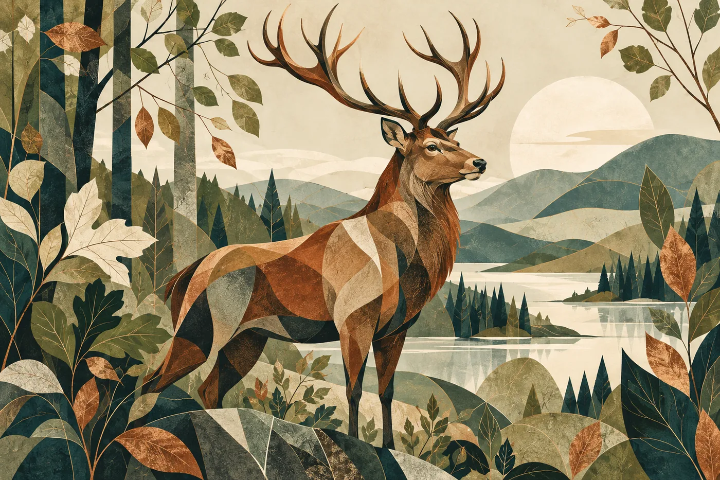 Hirsch mit Geweih im Wald vor See und Bergen in geometrisch facettierter Darstellung in Grün und Braun