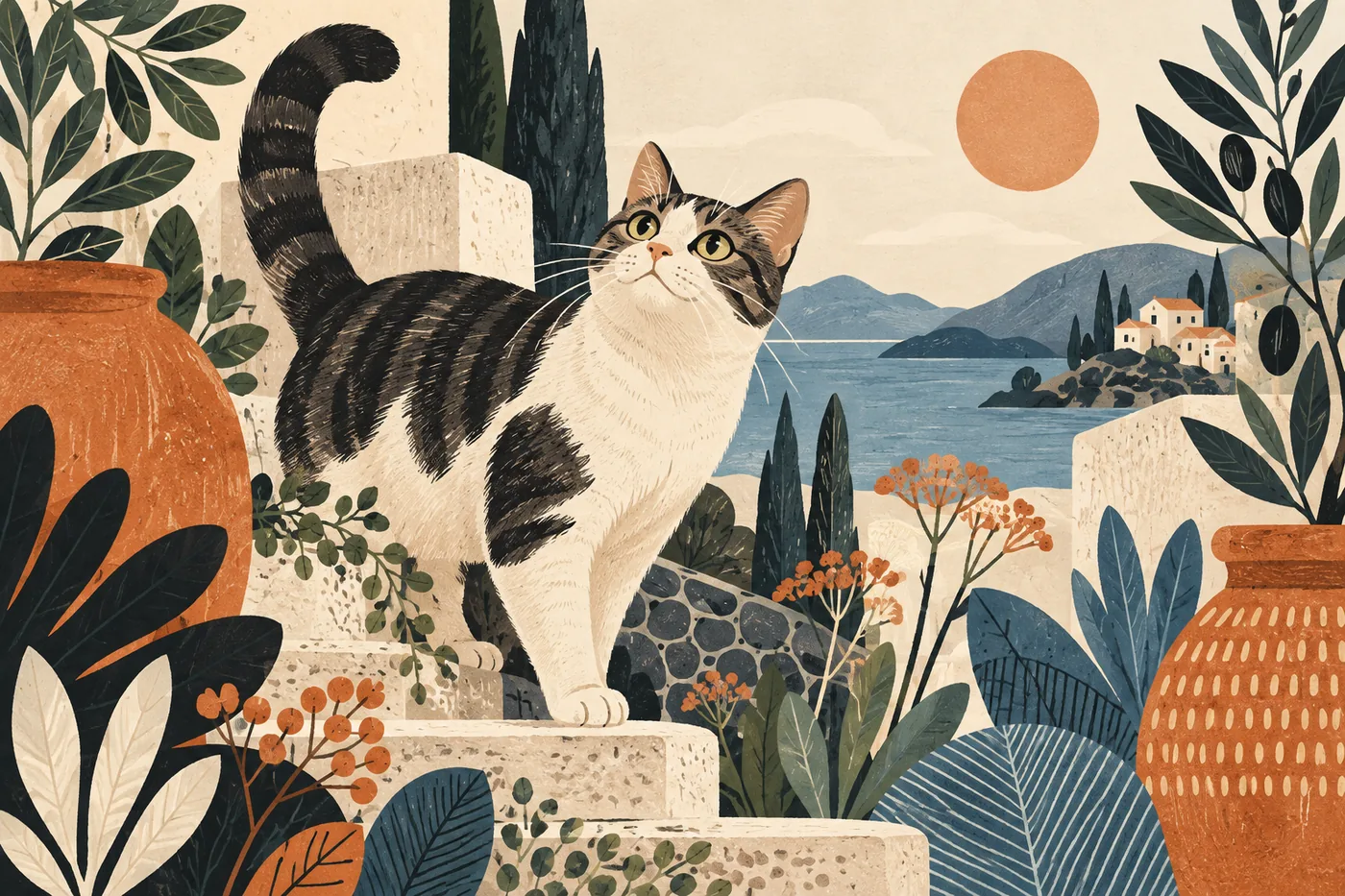 Getigerte Katze auf einer Steinmauer vor mediterraner Bucht mit Dorf, Terrakotta-Vasen und Pflanzen