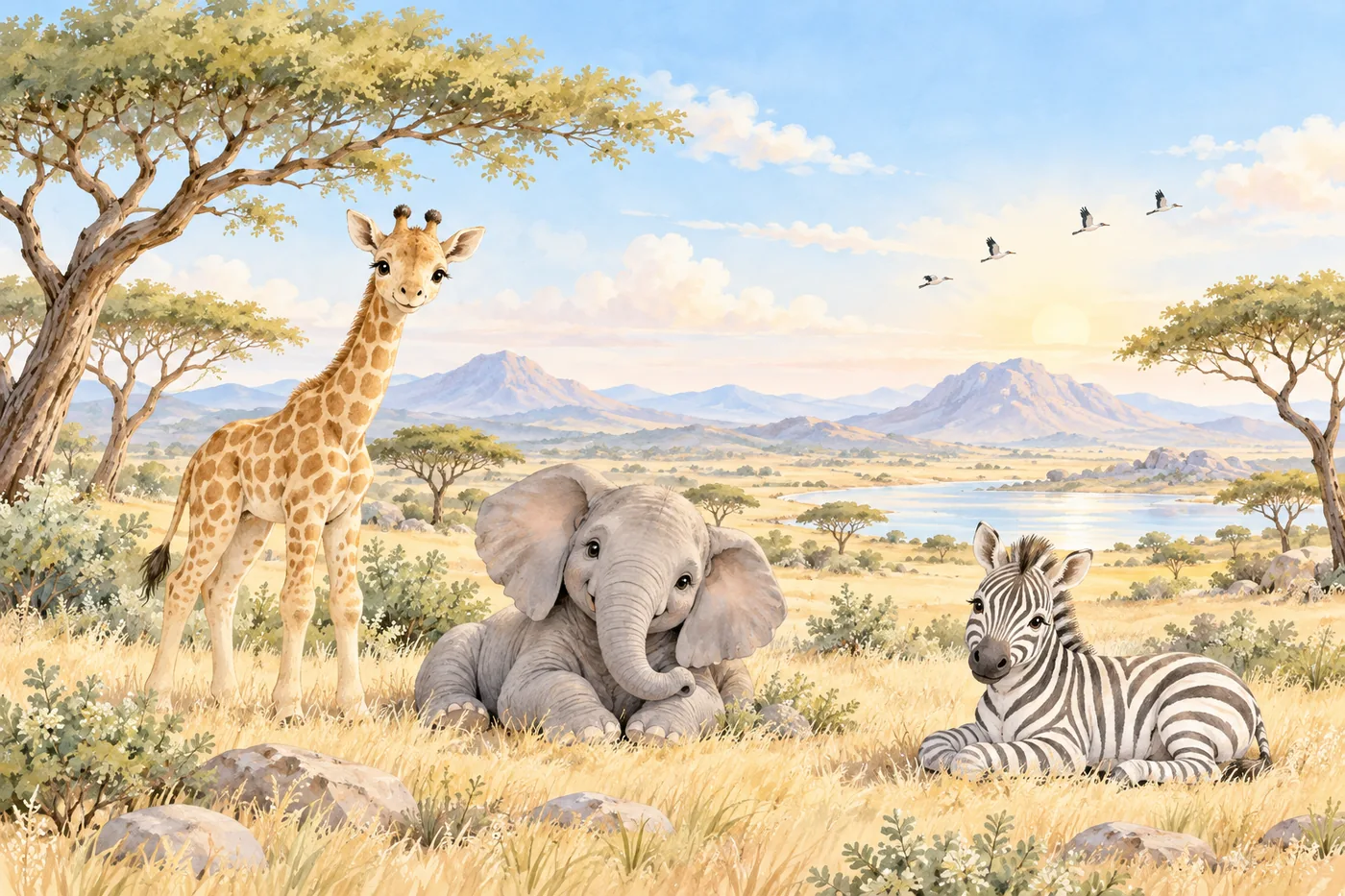Junge Giraffe, liegender Elefant und Zebra unter Akazien in der Savanne mit Wasserloch