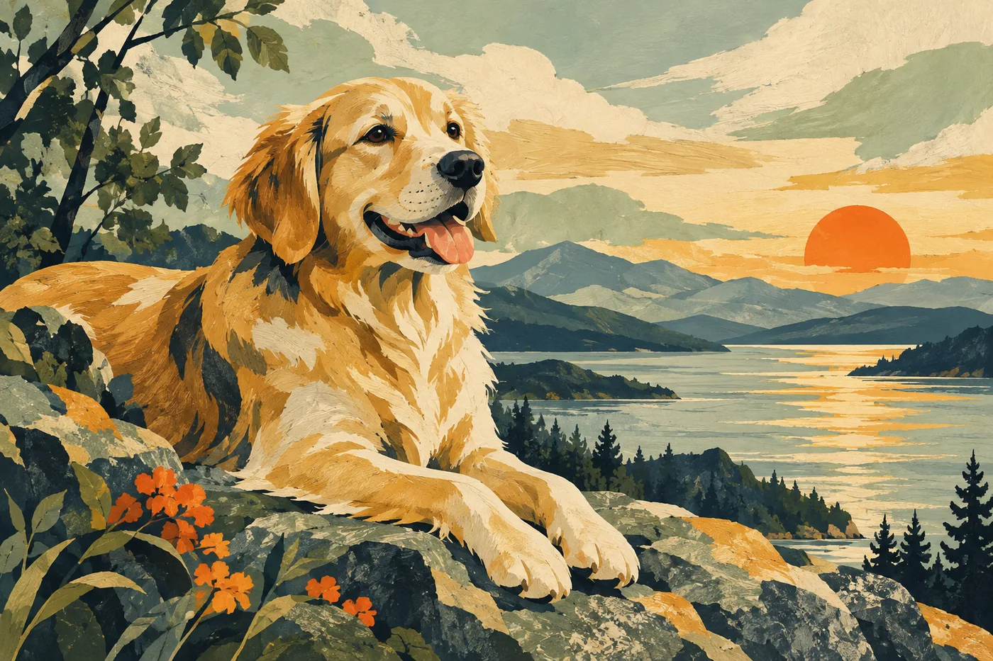 Golden Retriever liegt bei Sonnenuntergang am Seeufer, dahinter Berge, gemalt in warmen Tönen