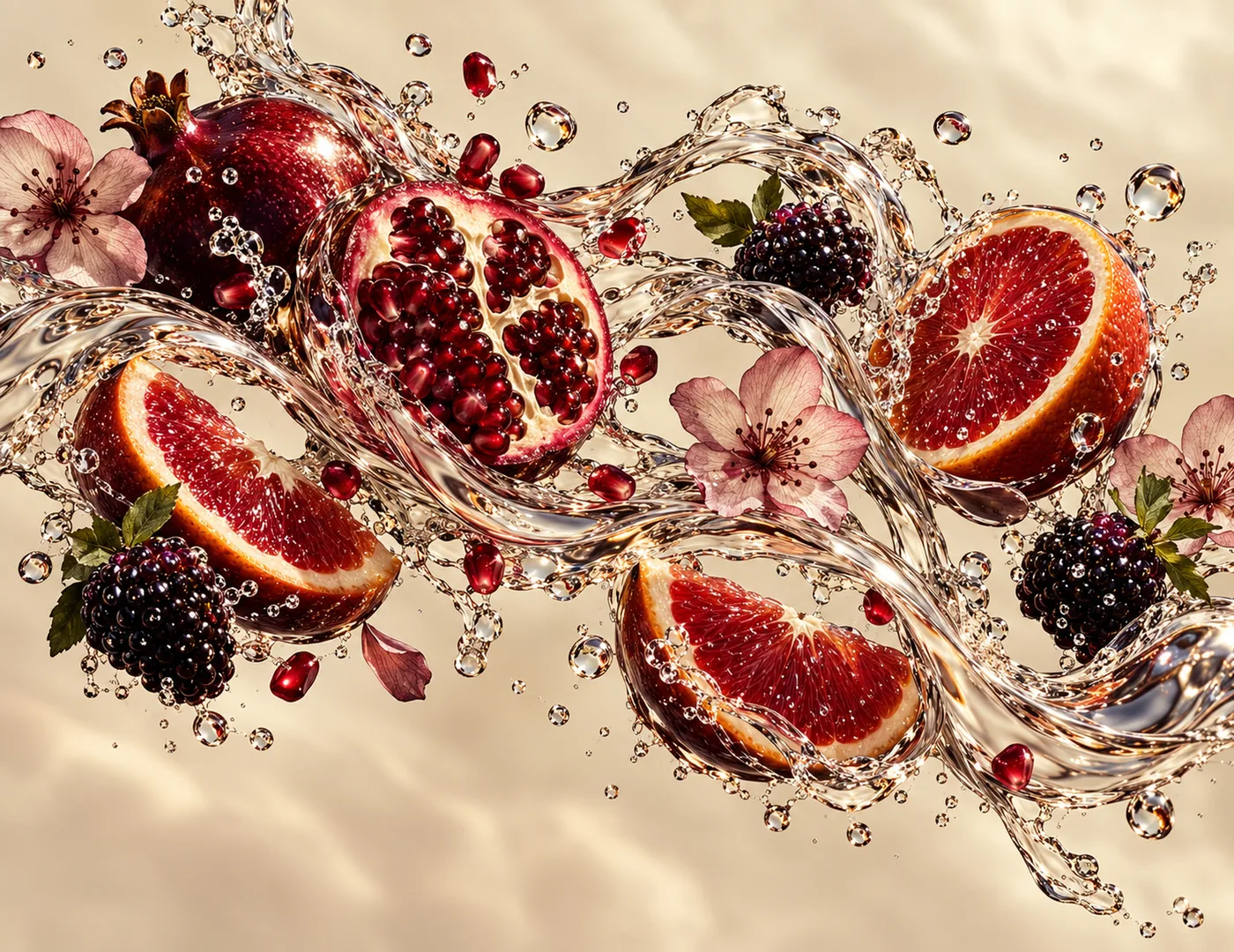 Granatäpfel, Blutorangen und Brombeeren im Wasser-Splash vor beigem Hintergrund.