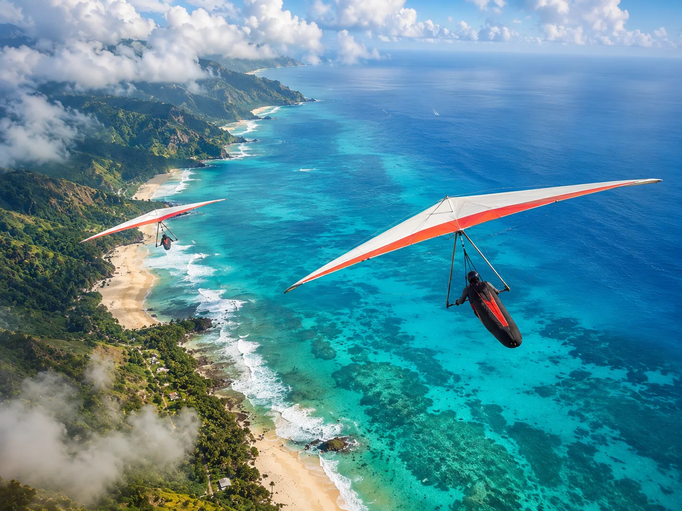 Hangglider fliegen über einem Korallenriff und einem tropischen Strand – Motiv für Meer & Küste als Fototapete