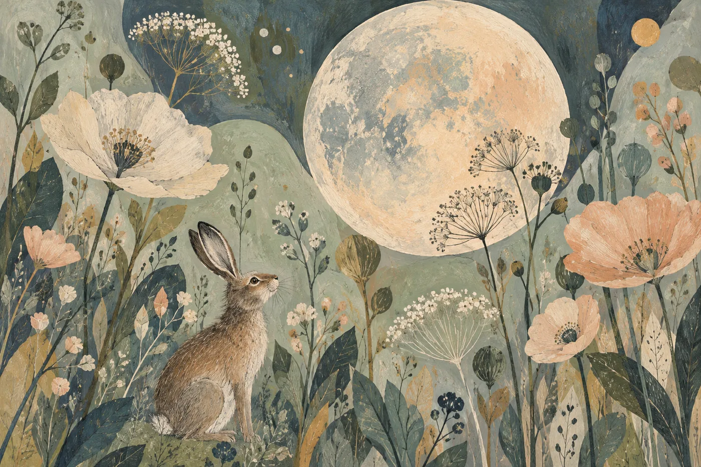 Hase zwischen Mohnblumen und Pusteblumen unter großem Vollmond in Salbeigrün und Pfirsich
