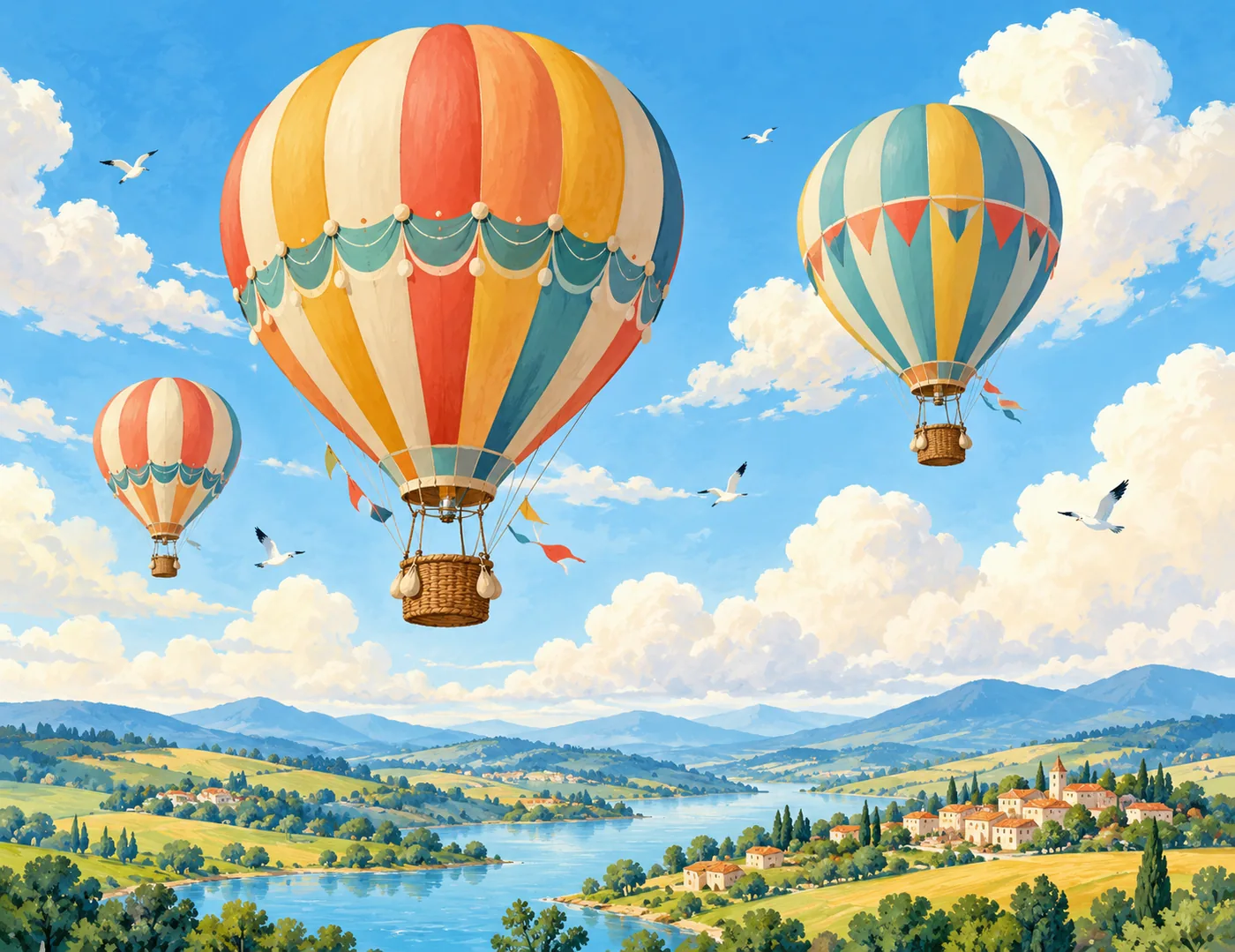 Bunte Heißluftballons am blauen Himmel über Hügeln, See und Dorf