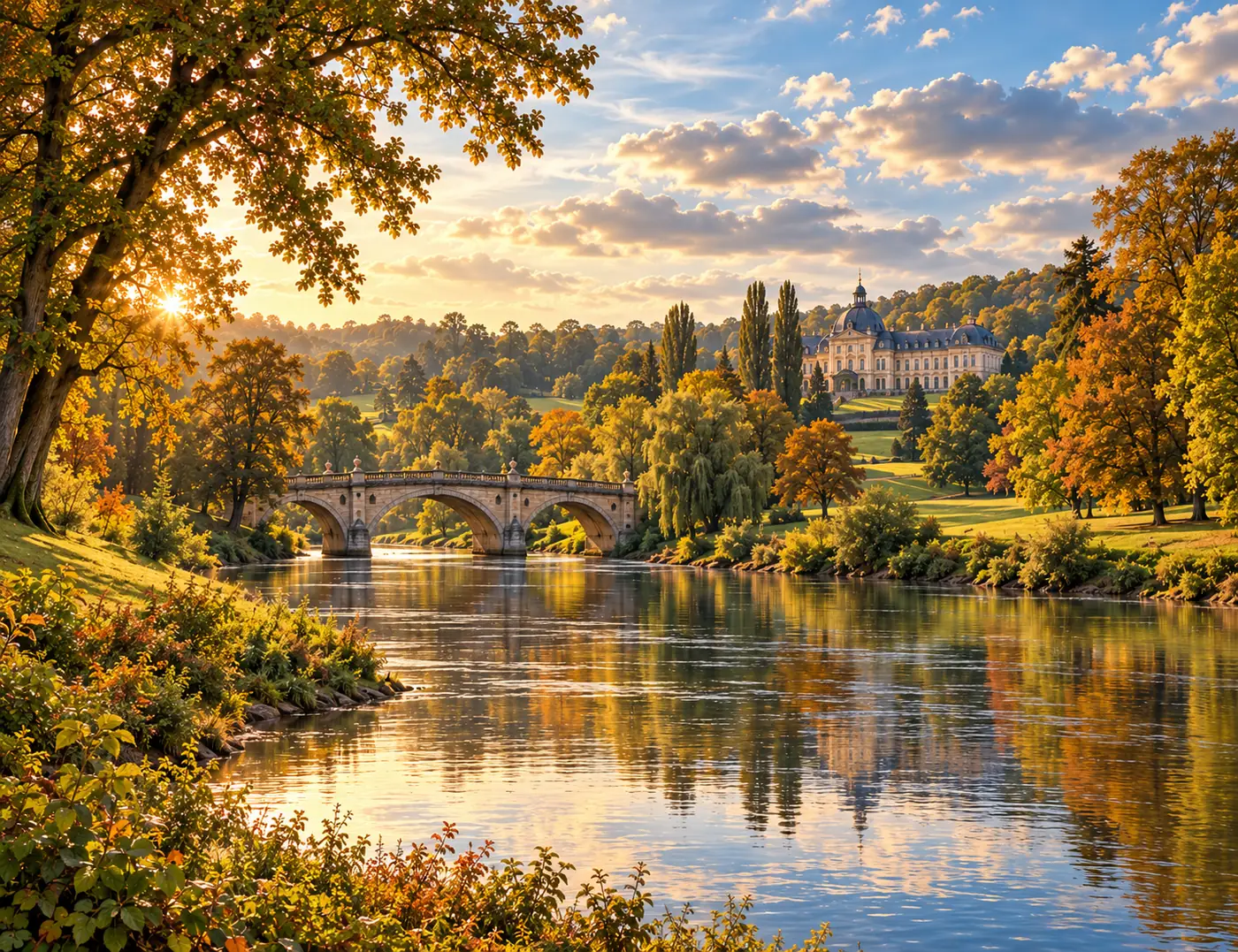 Fluss im Herbstlicht mit alter Steinbrücke, bunten Bäumen und Schloss im Hintergrund