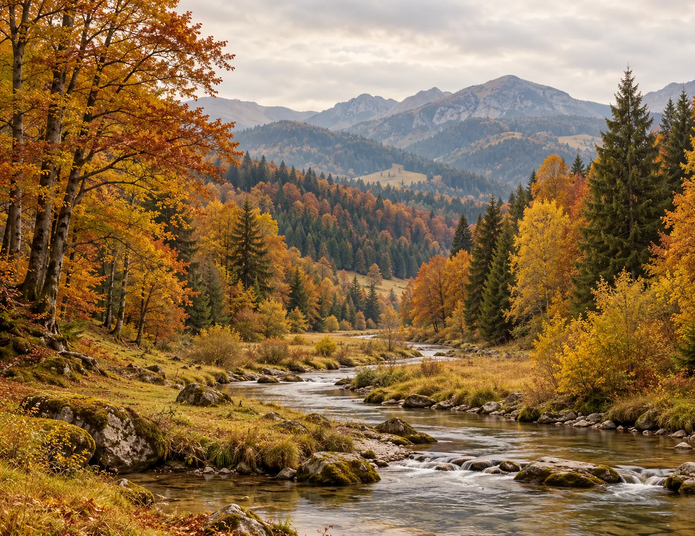 Gebirgsbach zwischen bunten Herbstbäumen und Tannen vor Bergen