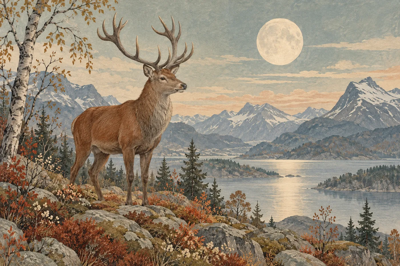 Hirsch steht auf einem Felsen vor Bergsee und Vollmond in herbstlichen Farben