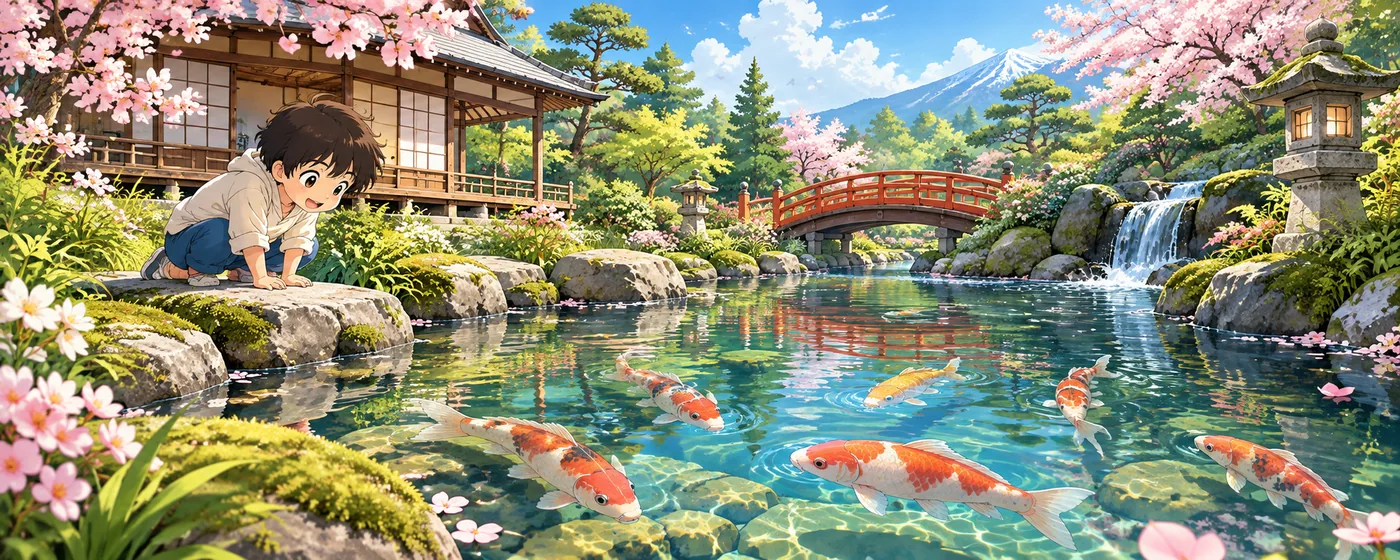 Junge betrachtet Kois in einem japanischen Garten mit roter Brücke, Kirschblüten und Wasserfall