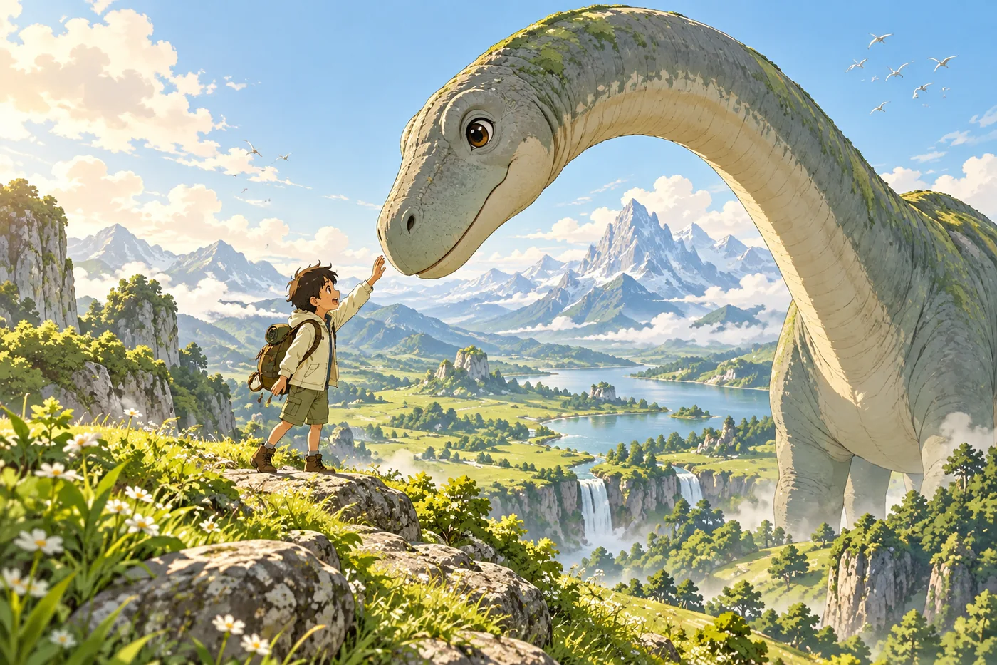 Kleiner Junge streckt die Hand zu einem riesigen Langhals-Dinosaurier in einer Berglandschaft