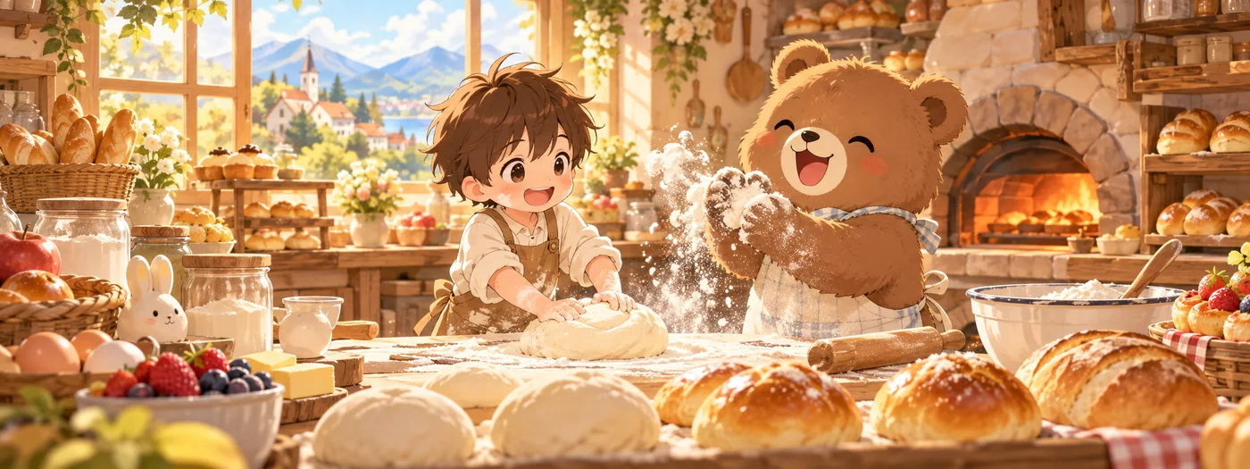 Junge und Bär kneten Teig in einer warmen Backstube mit Holzofen und frischem Brot