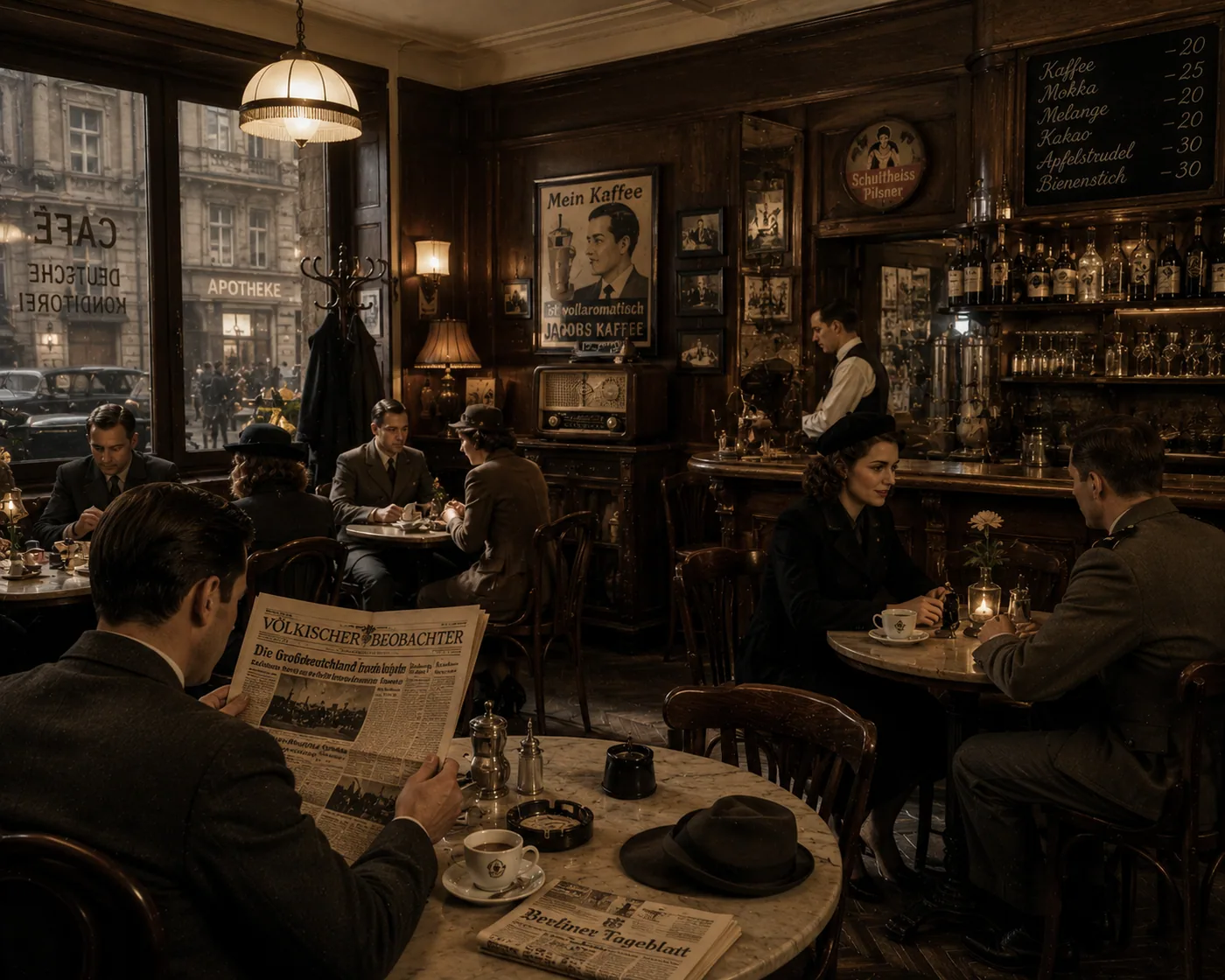 Einladendes Kaffeehaus in Berlin mit Zeitungslesen und Kaffee trinken