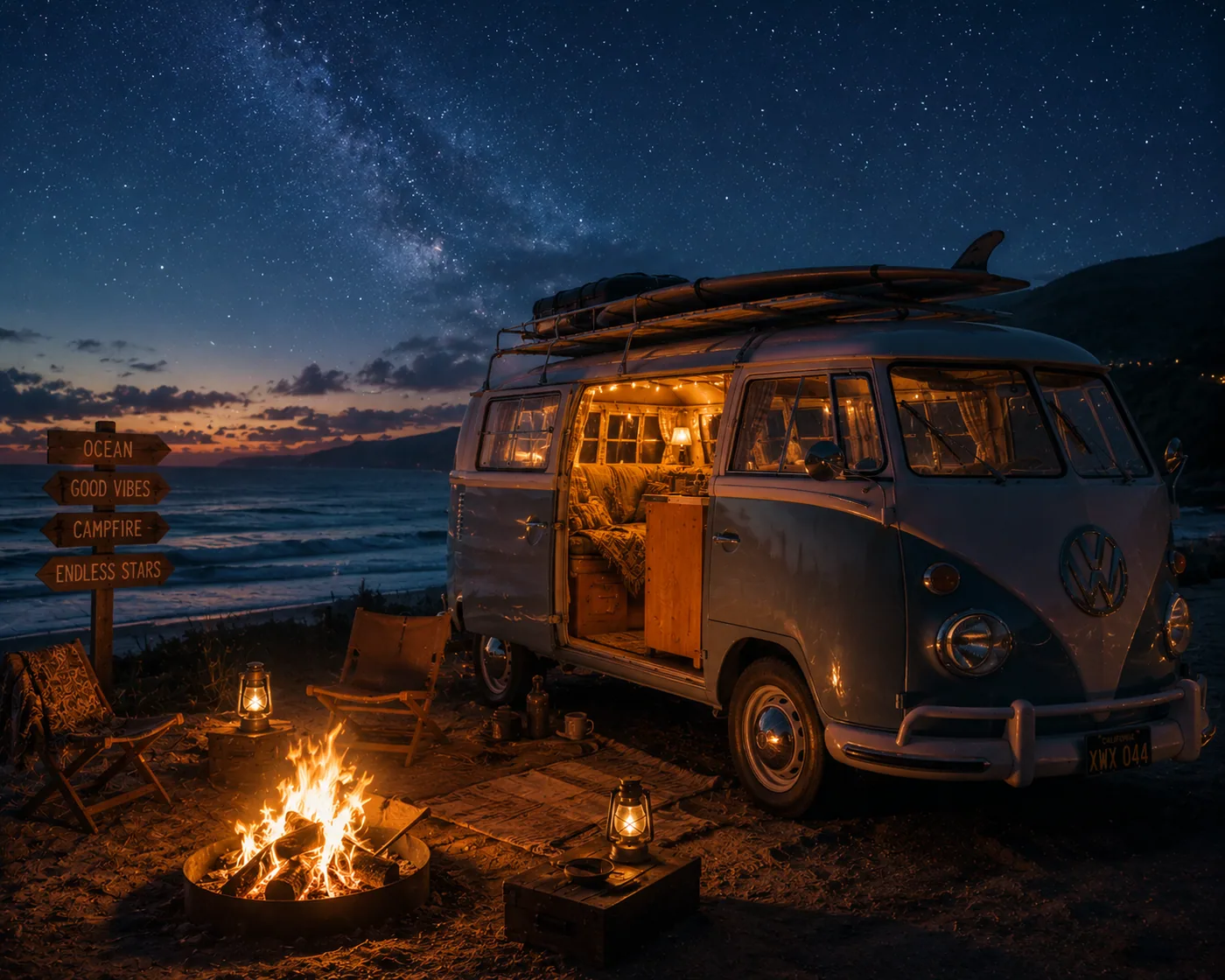 Ein VW-Bus mit Surfbrettern und beleuchteten Fenstern am Strand bei einem Lagerfeuer unter Sternenhimmel
