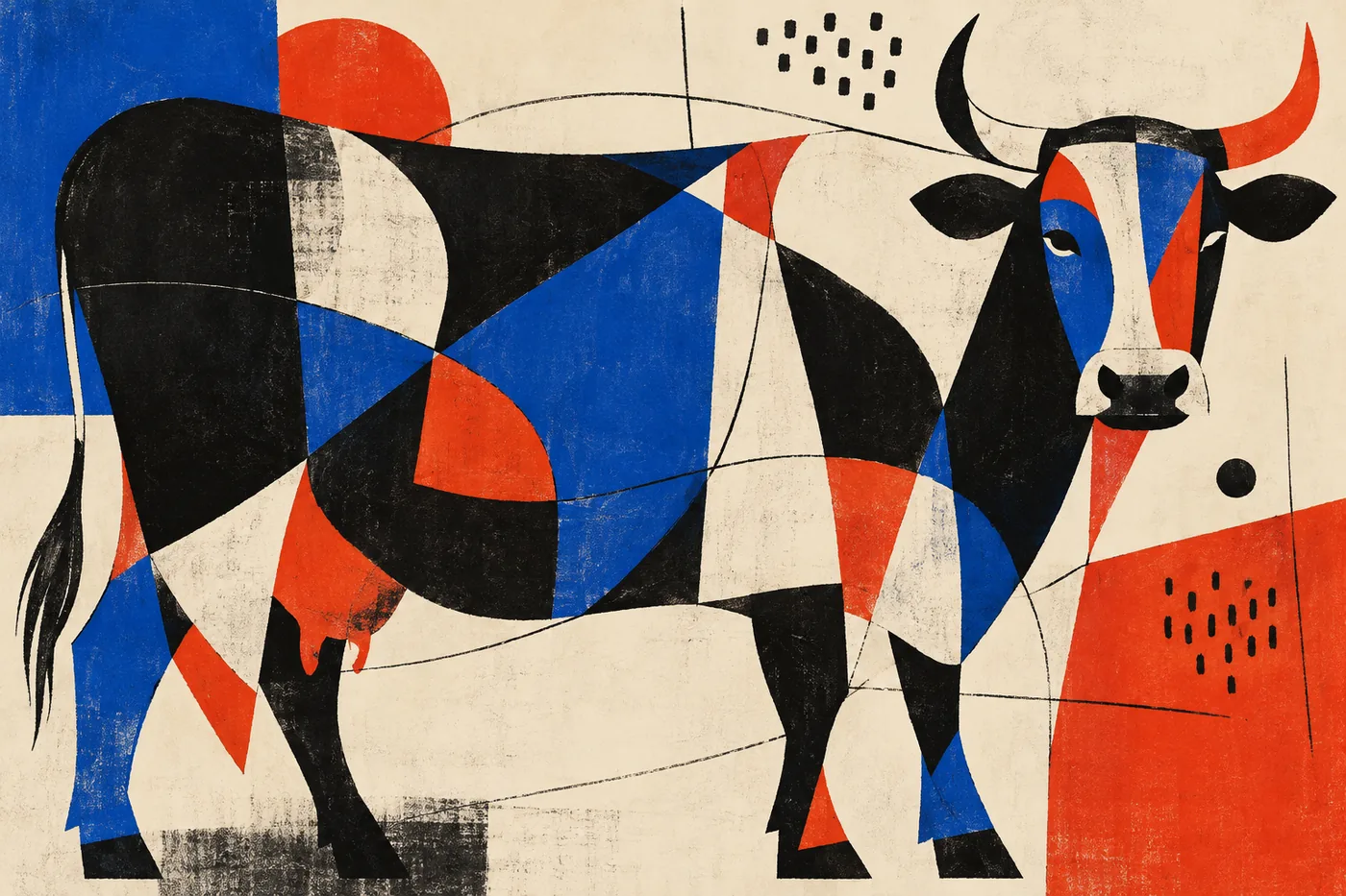 Kuh aus geometrischen Flächen in Schwarz, Blau und Rot auf beigem Hintergrund im Bauhaus-Stil