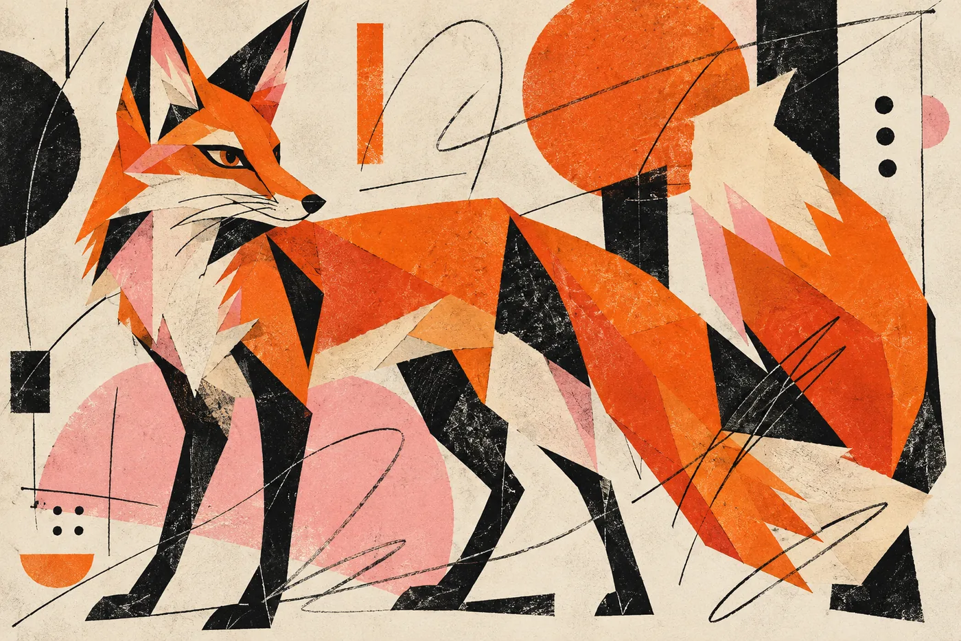 Fuchs aus geometrischen Formen in Orange, Rosa und Schwarz mit Linien und Kreisen