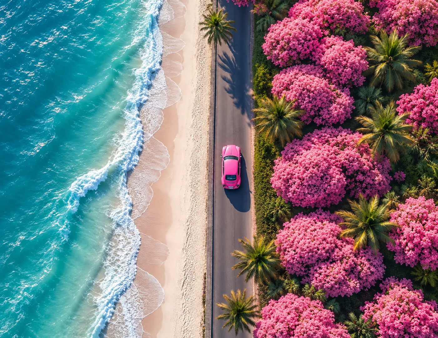 Von oben fährt ein pinkes Auto auf einer Küstenstraße zwischen türkisem Meer und rosa blühenden Bäumen.
