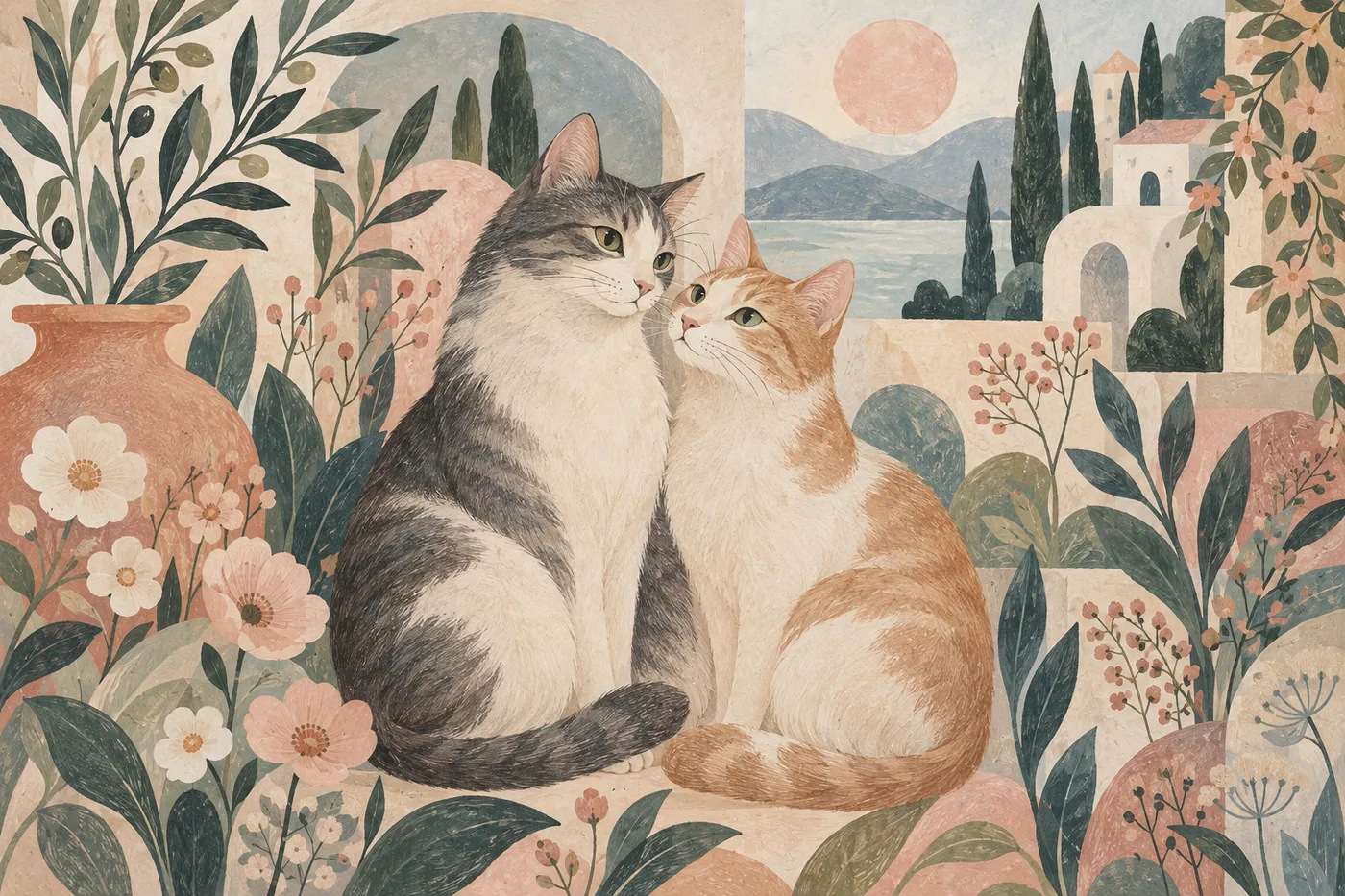 Zwei kuschelnde Katzen, grau-weiß und rot, zwischen Blumen vor mediterranen Häusern und Zypressen