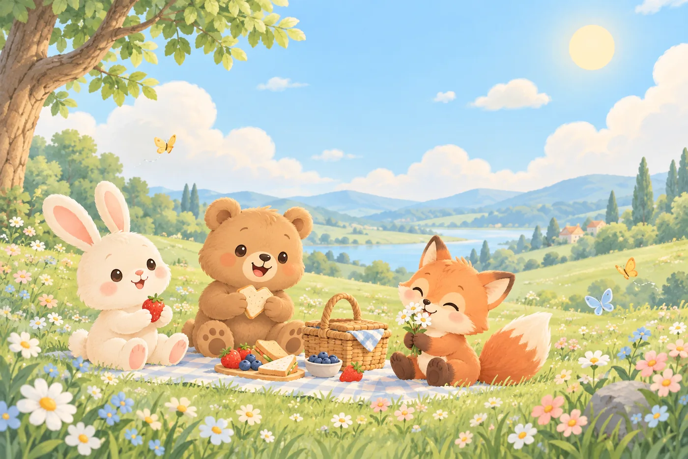 Hase, Teddybär und Fuchs beim Picknick auf einer sonnigen Wiese vor Bergen und einem See