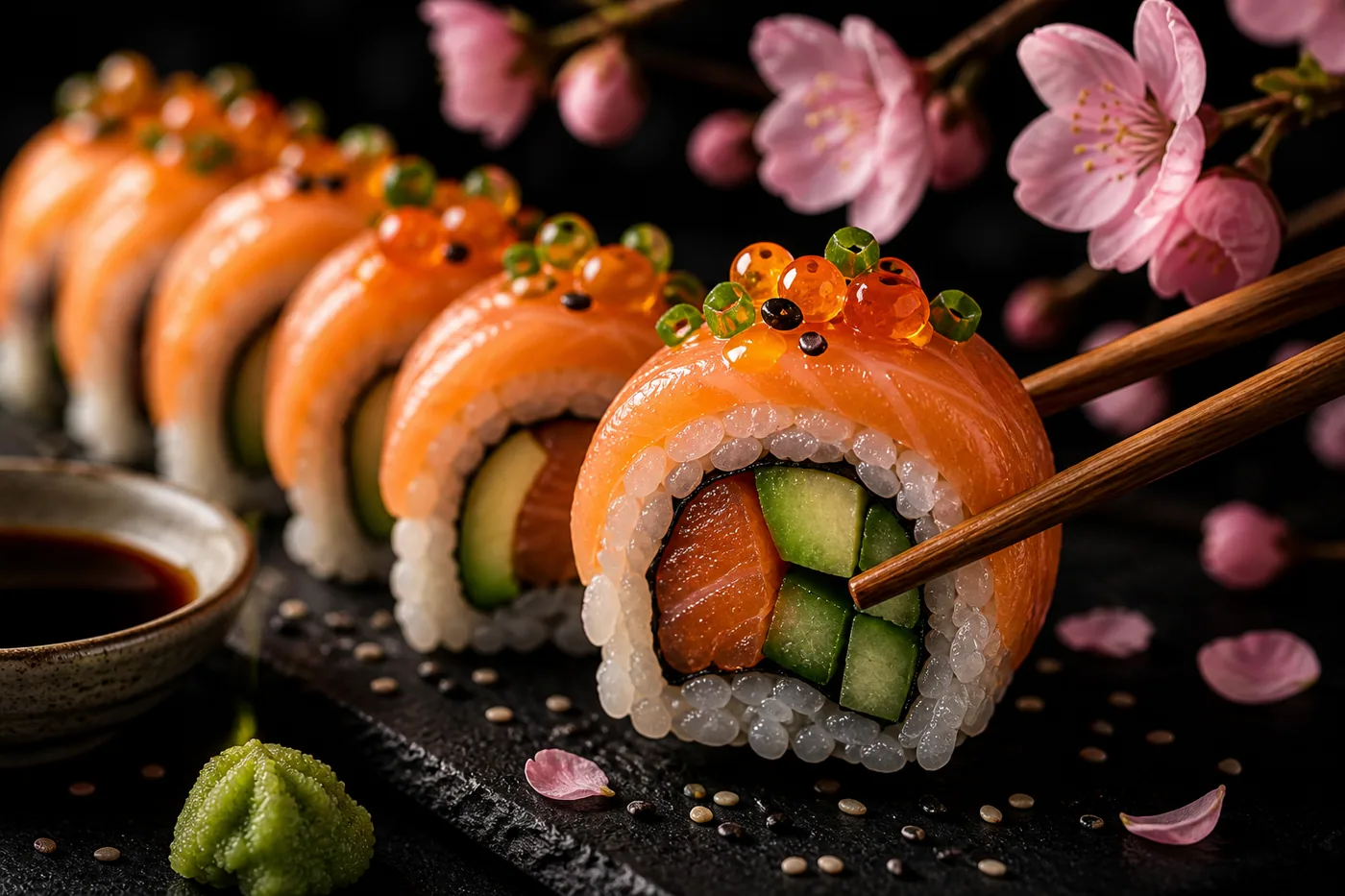 Lachs-Sushi mit Avocado und Kaviar auf einem dunklen Hintergrund mit Kirschblüten – Motiv für Asien & Zen als Fototapete