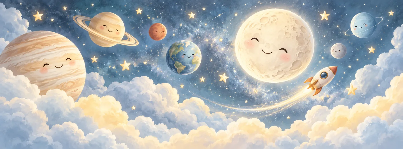 Freundliche Planeten, lächelnder Mond und kleine Rakete über weichen Wolken im Sternenhimmel