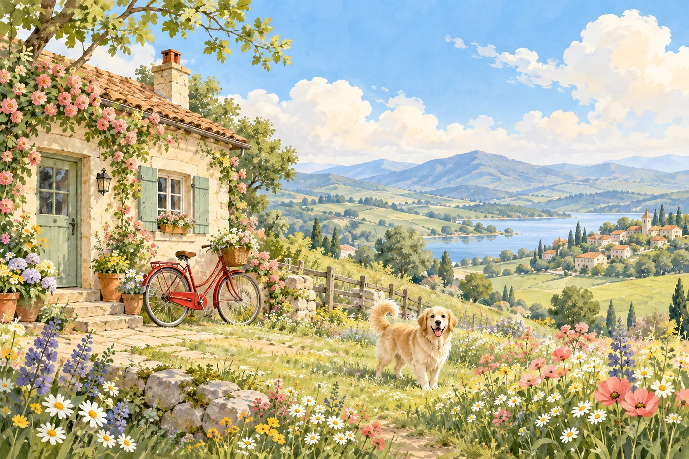 Rosenbewachsenes Landhaus mit rotem Fahrrad und Hund auf einer Blumenwiese über einem See