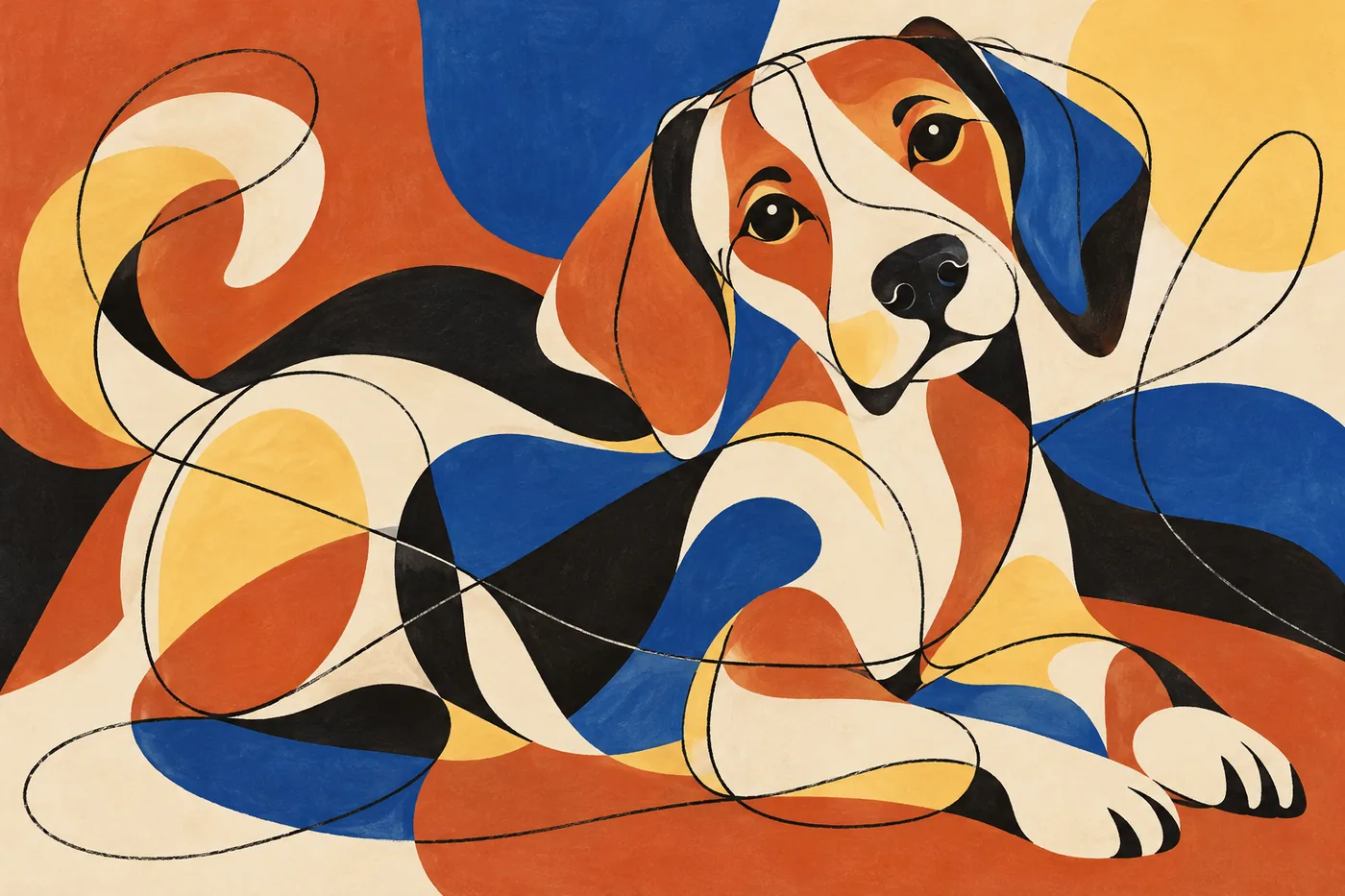 Liegender Beagle in schwungvollen Linien mit Farbflächen in Orange, Blau und Gelb