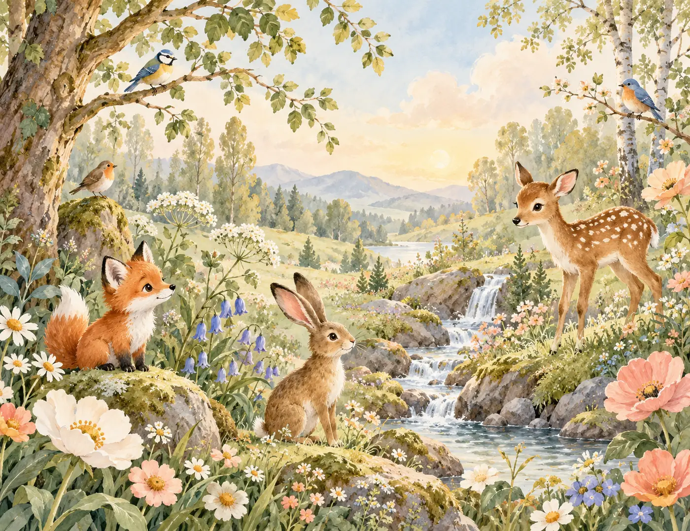 Reh, Fuchs und Hase auf einer blühenden Wiese am Bach mit Vögeln in den Bäumen