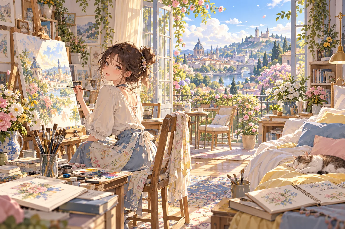 Anime-Mädchen malt an der Staffelei in einem hellen Atelier mit Blumen, Katze und Blick auf eine Altstadt