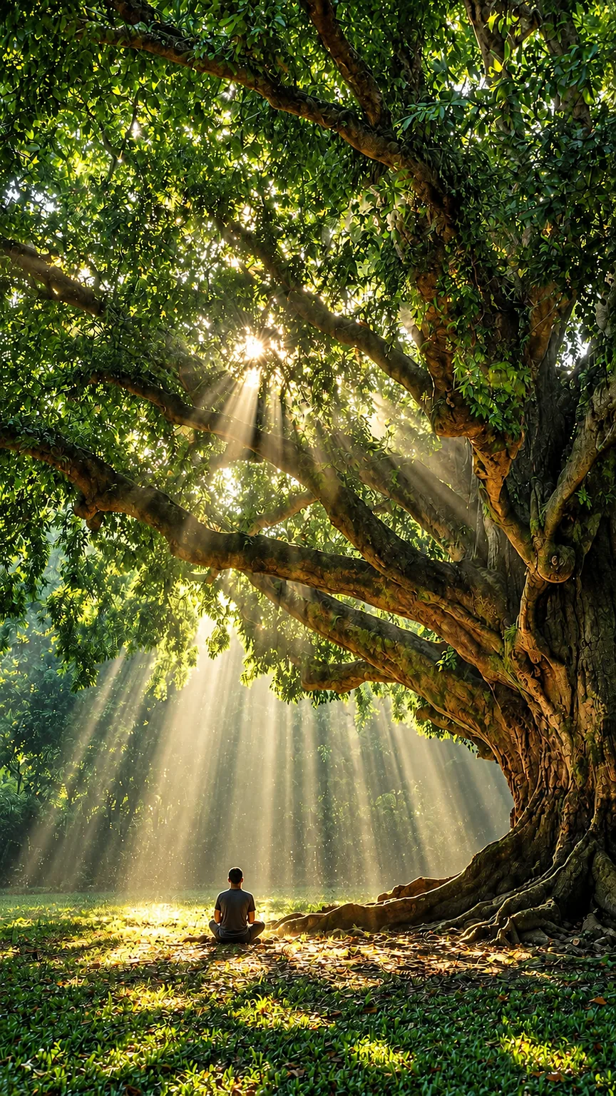 Meditierende Person sitzt unter einem mächtigen alten Baum, durch dessen Äste Sonnenstrahlen fallen