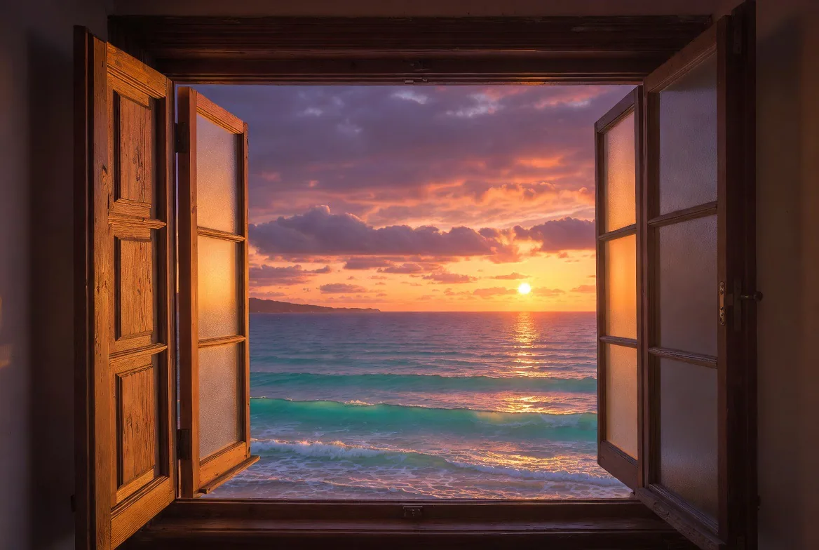 Ein atemberaubender Sonnenuntergang am Meer, wie durch ein Fenster betrachtet – Motiv für 3D & Raumillusionen als Fototapete