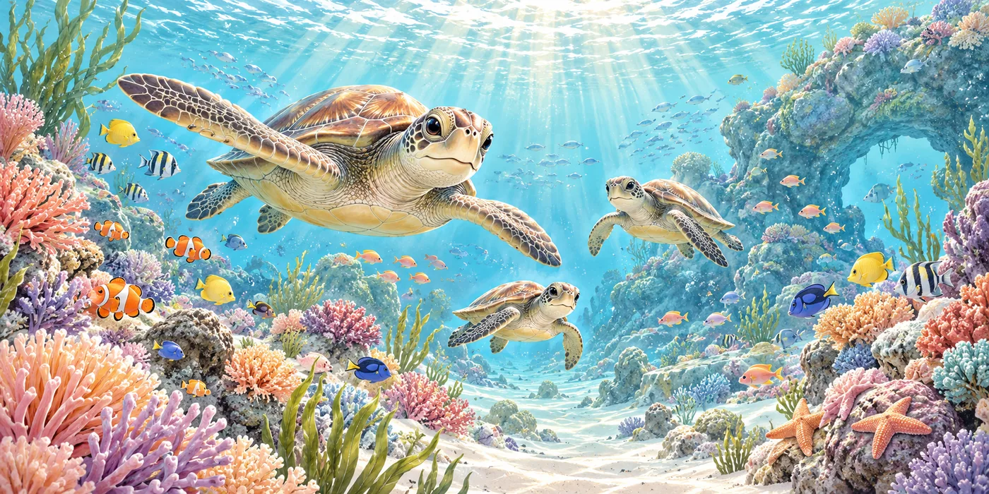 Meeresschildkröten schwimmen durch ein sonnendurchflutetes Korallenriff mit bunten Fischen
