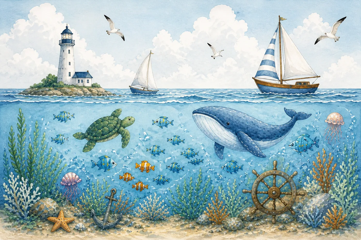 Bunte Unterwasserwelt mit Wal, Fischen und Seelöwe – Motiv für Kinderwelten als Fototapete