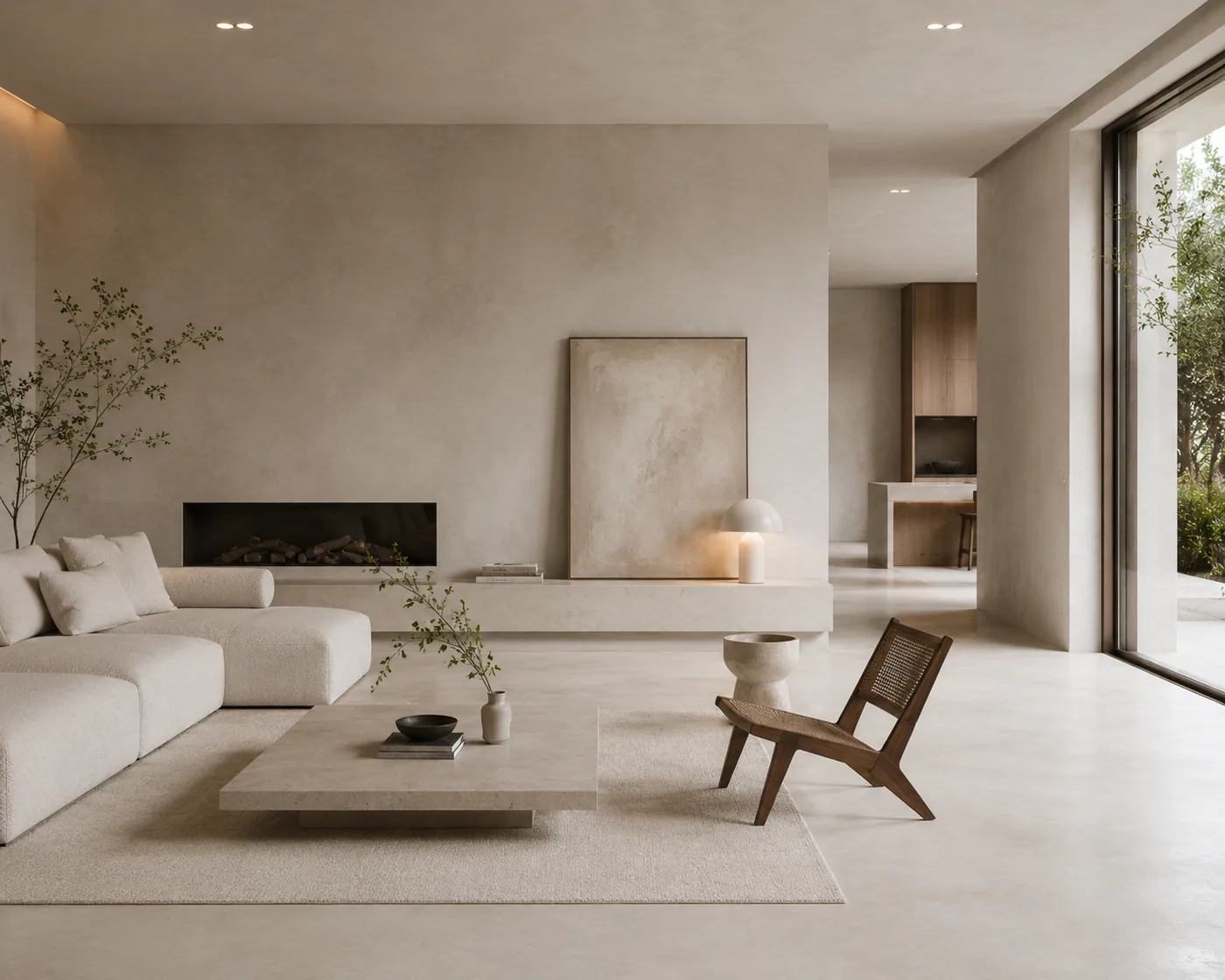 Ein minimalistisches Wohnzimmer mit einem Holzstuhl, einem weißen Sofa und einem großen Fenster, das den Blick auf die Natur freigibt
