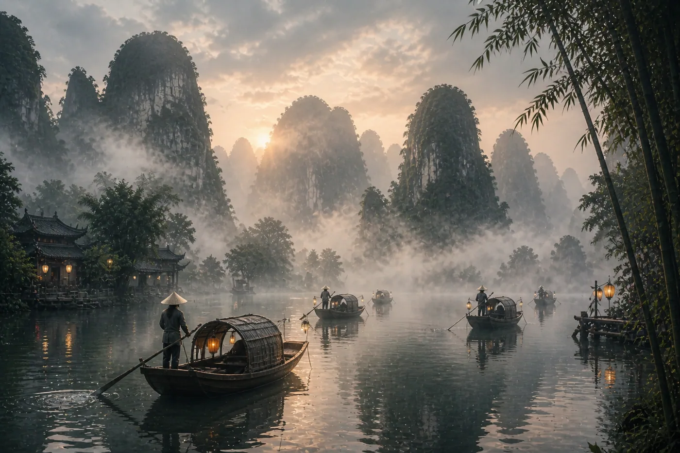 Mistige Berglandschaft mit Booten auf dem Wasser bei Sonnenaufgang – Motiv für Asien & Zen als Fototapete