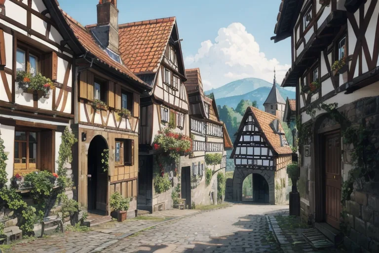 Mittelalterliche Dorfstraße mit Fachwerkhäusern und Steinpforte