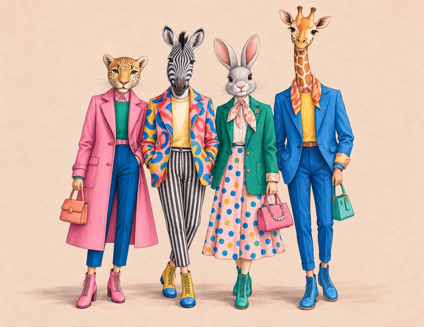 Illustration von Leopard, Zebra, Hase und Giraffe in bunten, modischen Outfits
