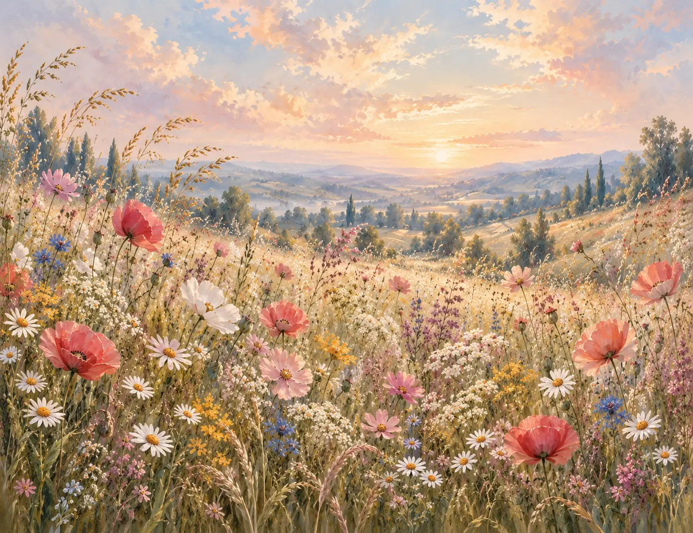 Blumenwiese mit rotem Mohn, Kamille und Wildblumen vor sanften Hügeln im Abendlicht