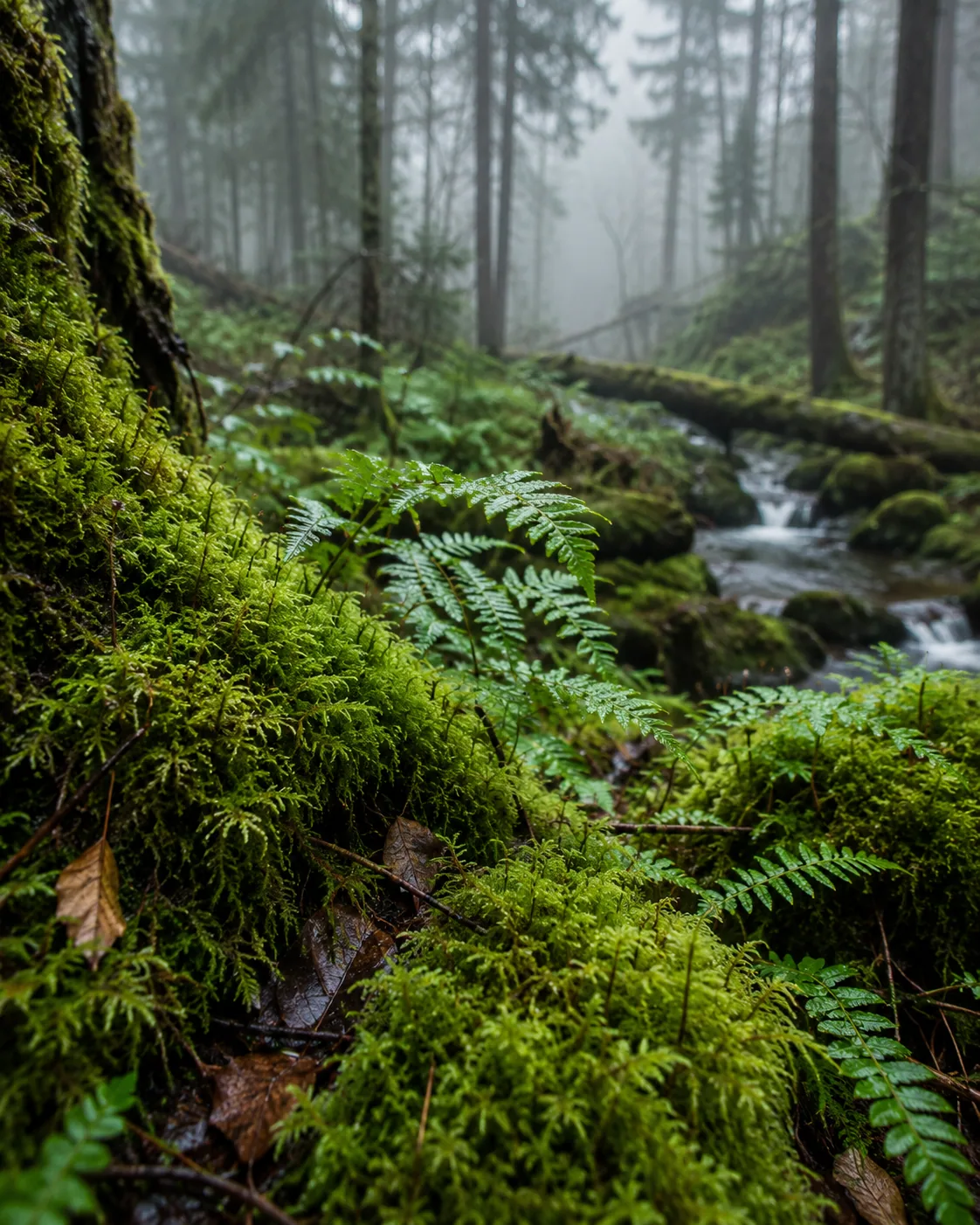 Ein mystischer Wald mit Moos und Farn, der durch Nebel und einen fließenden Bach geheimnisvoll wirkt – Motiv für Natur & Botanik als Fototapete