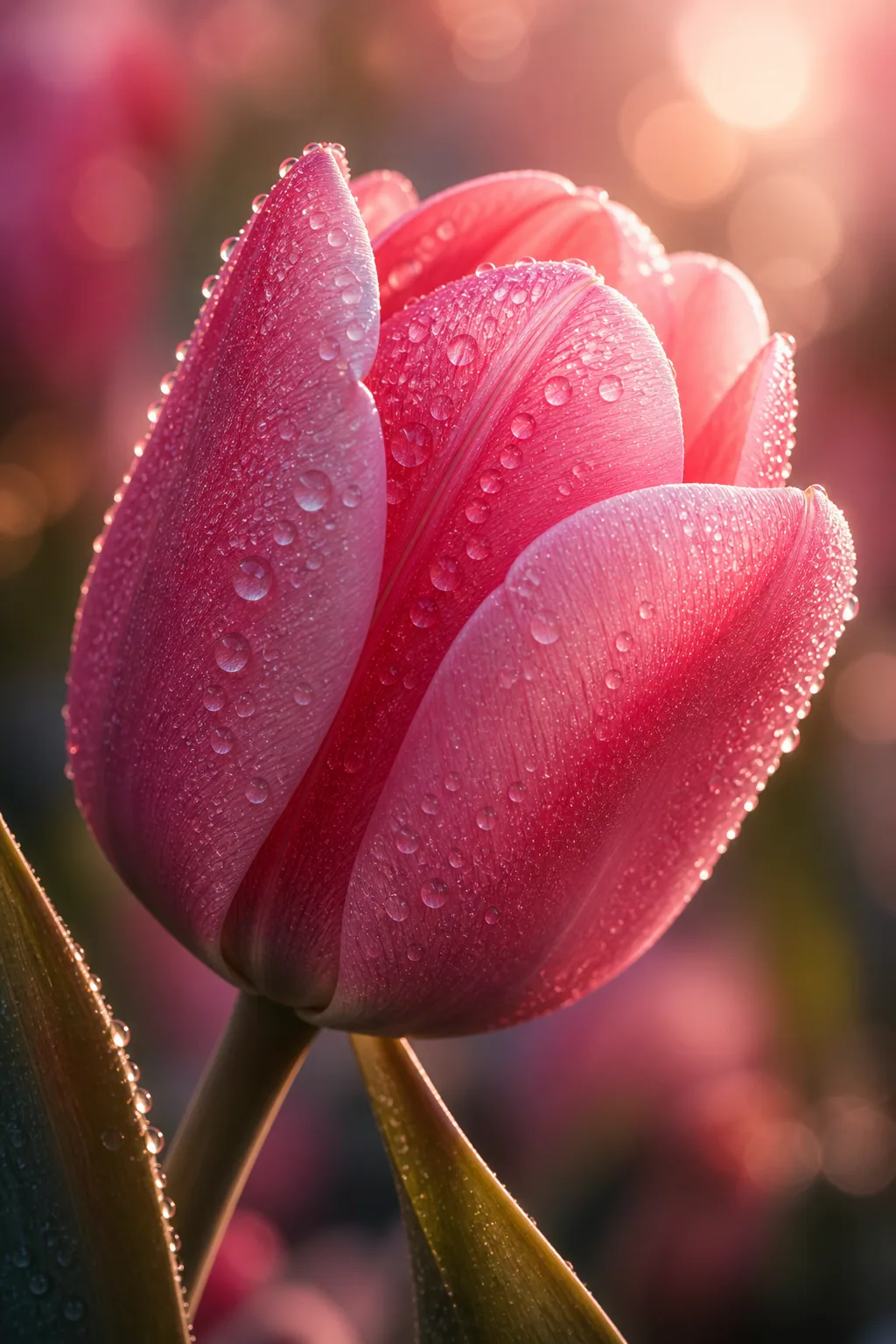 Eine prachtvolle Tulpe mit Taukristallen im warmen Sonnenlicht – Motiv für Blumen & Florale Designs als Fototapete