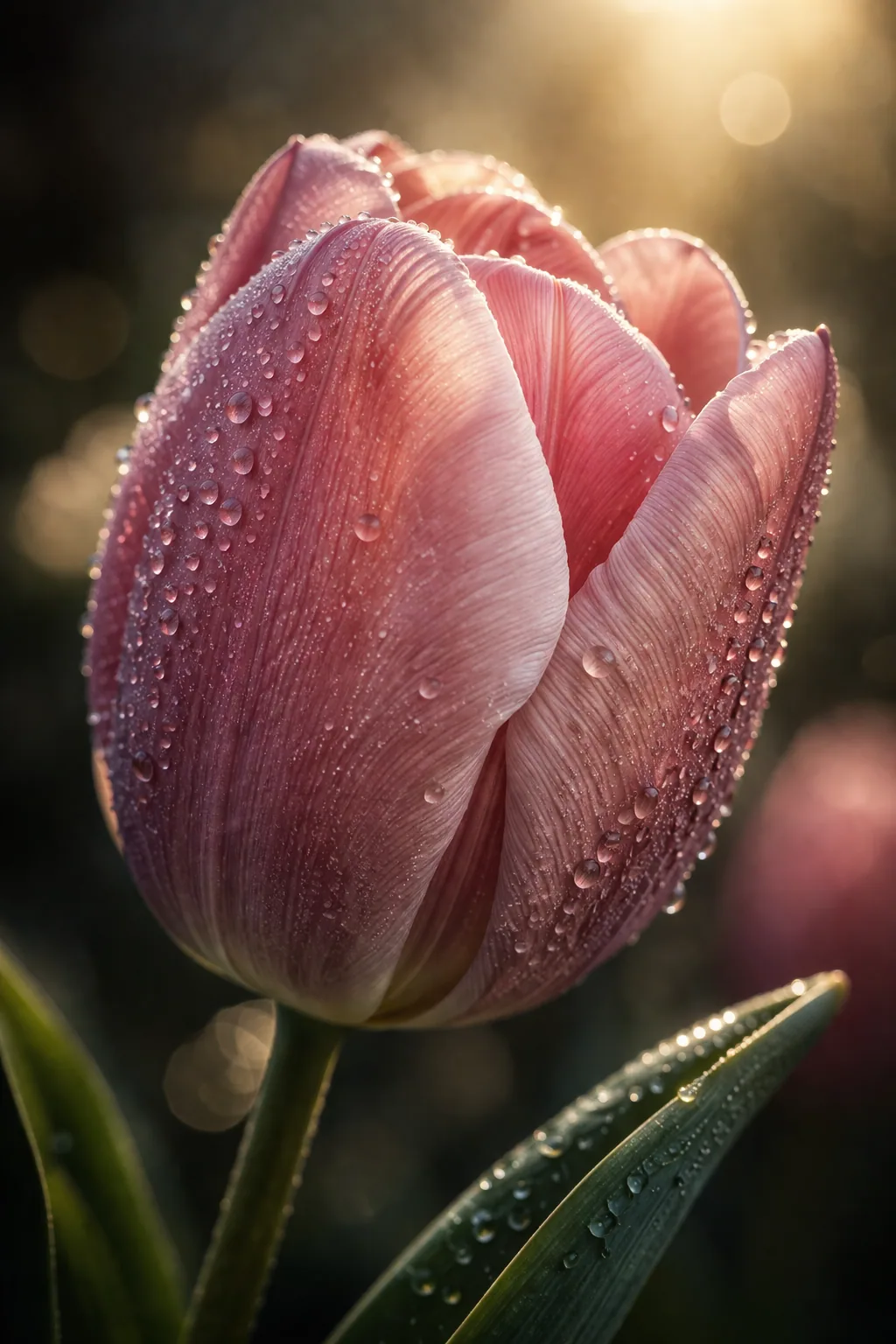 Nassrosa Tulpe mit Tausträhnen im warmen Sonnenlicht – Motiv für Blumen & Florale Designs als Fototapete